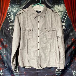 Sacred Cult Button-Up Shirt Men XL Beige Striped Casual Roll-Tab Sleeve Workwear